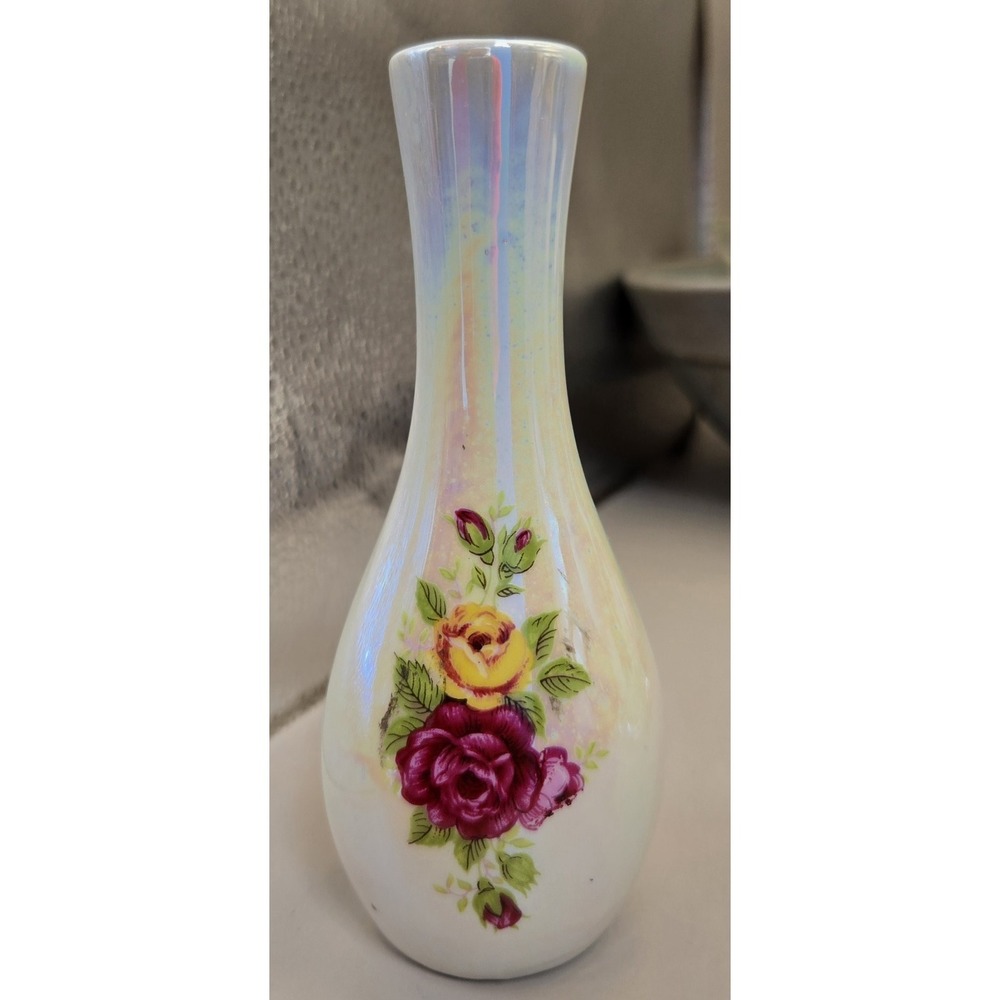Ceramic Iridescent Vase  Small Cream With Roses 5" Tall And 2"‎ Wide